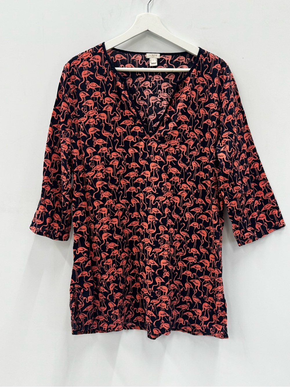 J Crew Factory Navy Pink Flamingo V Neck Tunic Dress Coverup Cotton Size Large